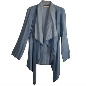 Vibrant MIU Womens Denim Jacket Shirt Open Front Waterfall Cardigan Blue Size M
